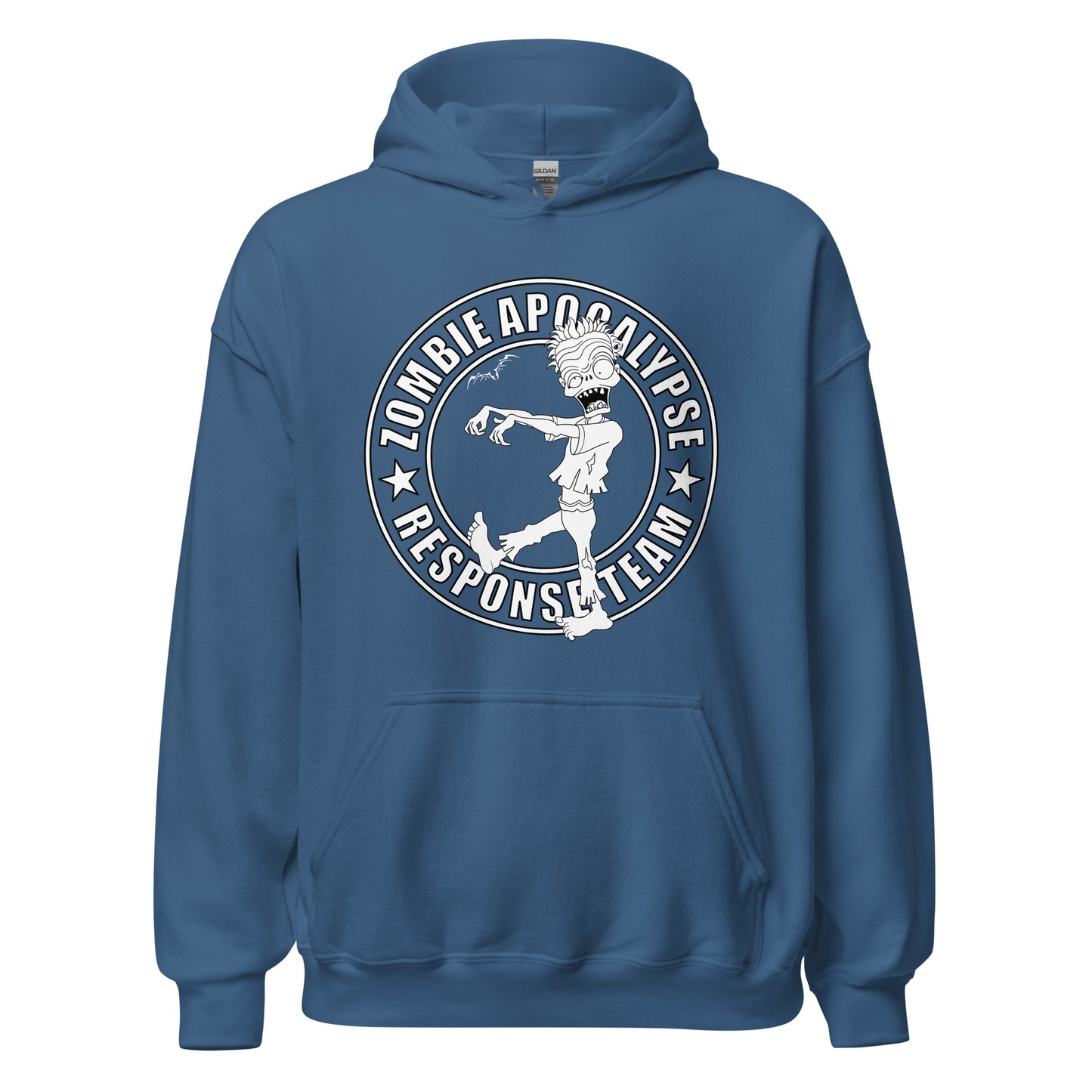 stormseye design zombie apocalypse colour hoodie, flat view indigo blue