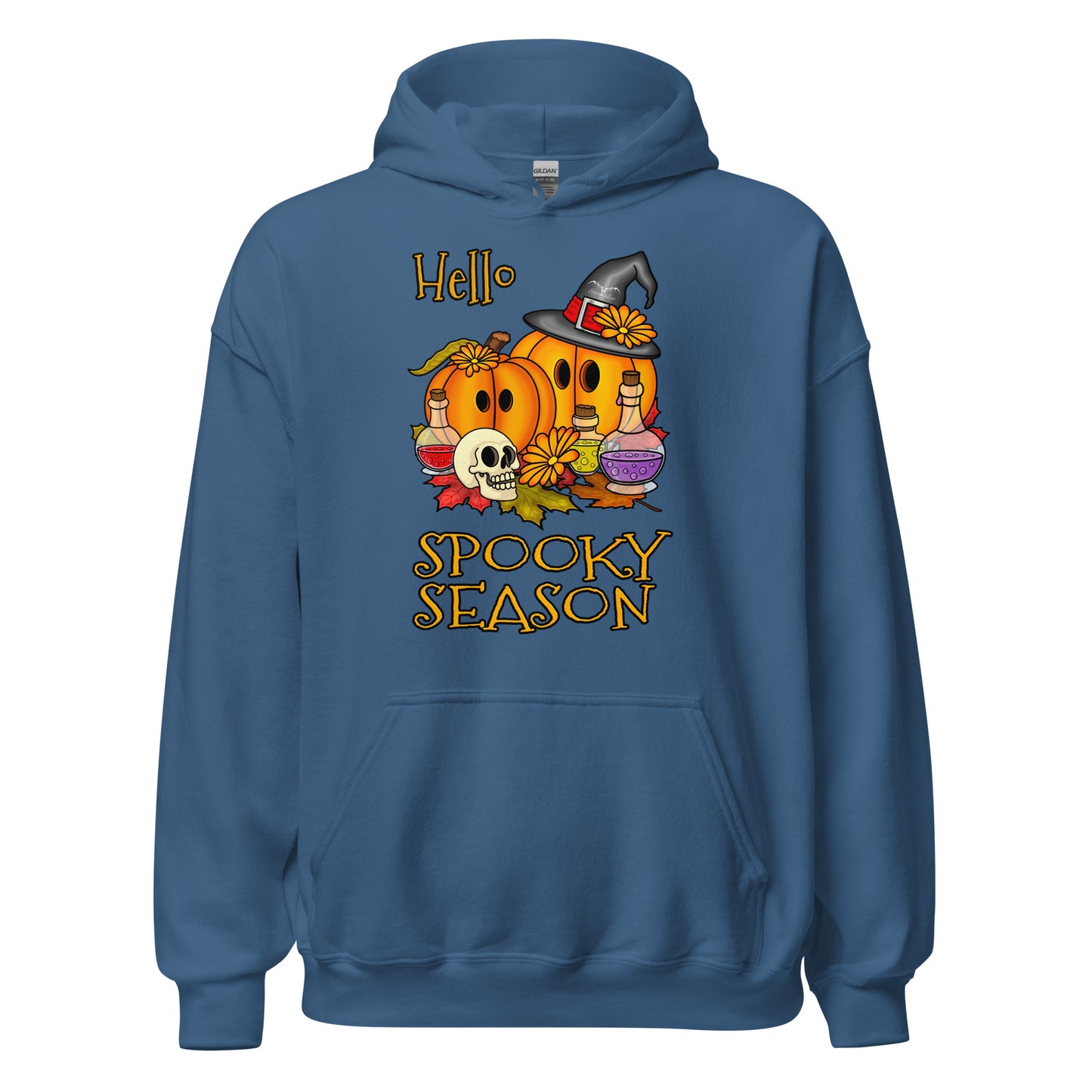 stormseye design hello spooky season hoodie flat view blue