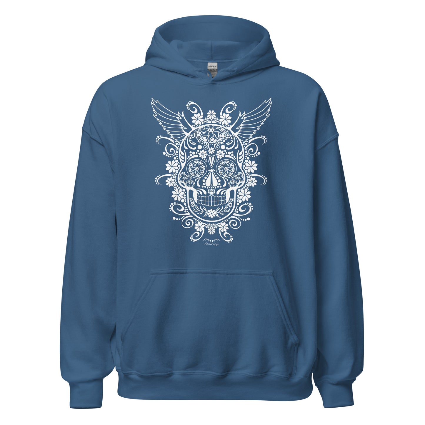 stormseye design gothic sugar skull hoodie flat view blue