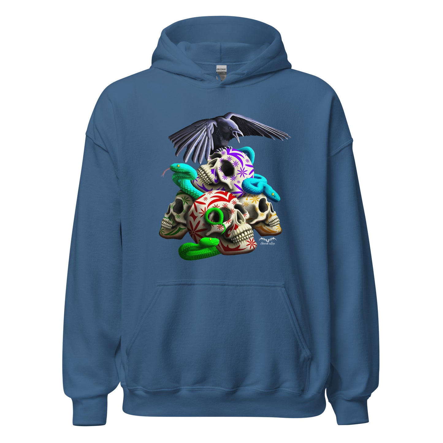 stormseye design gothic skulls & snakes hoodie flat view blue