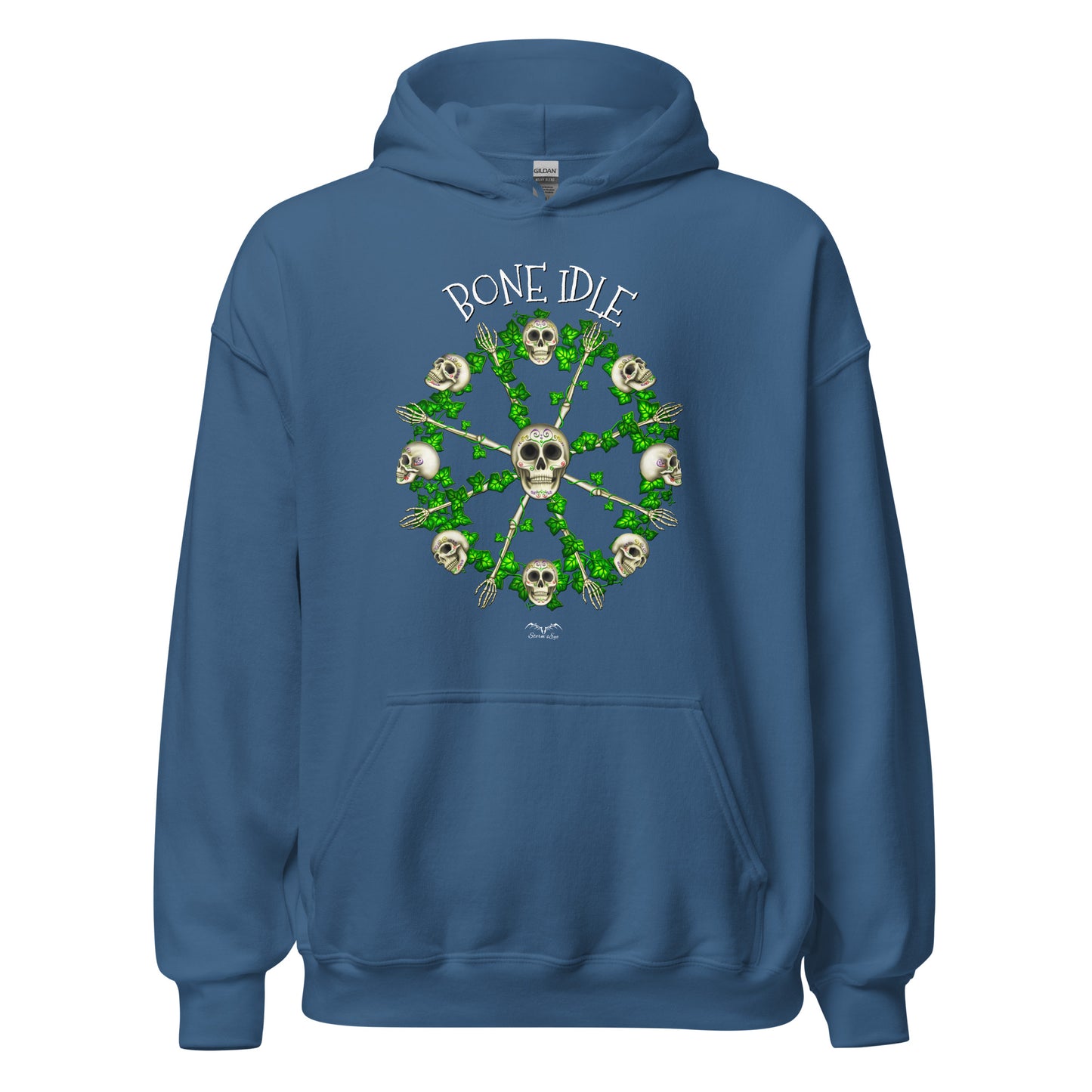 stormseye design bone idle skulls hoodie flat view blue