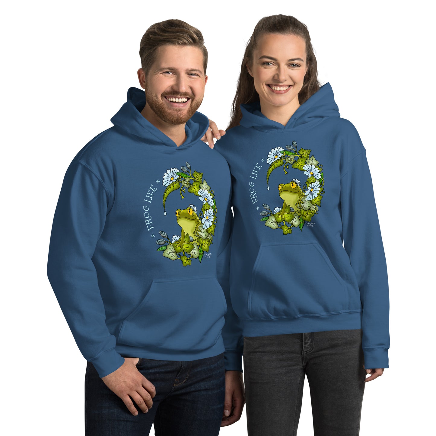 stormseye design frog life hoodie modelled view blue