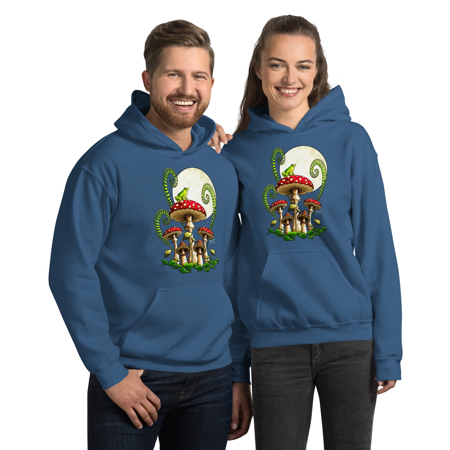 stormseye design moonlight mushrooms frog hoodie modelled view blue