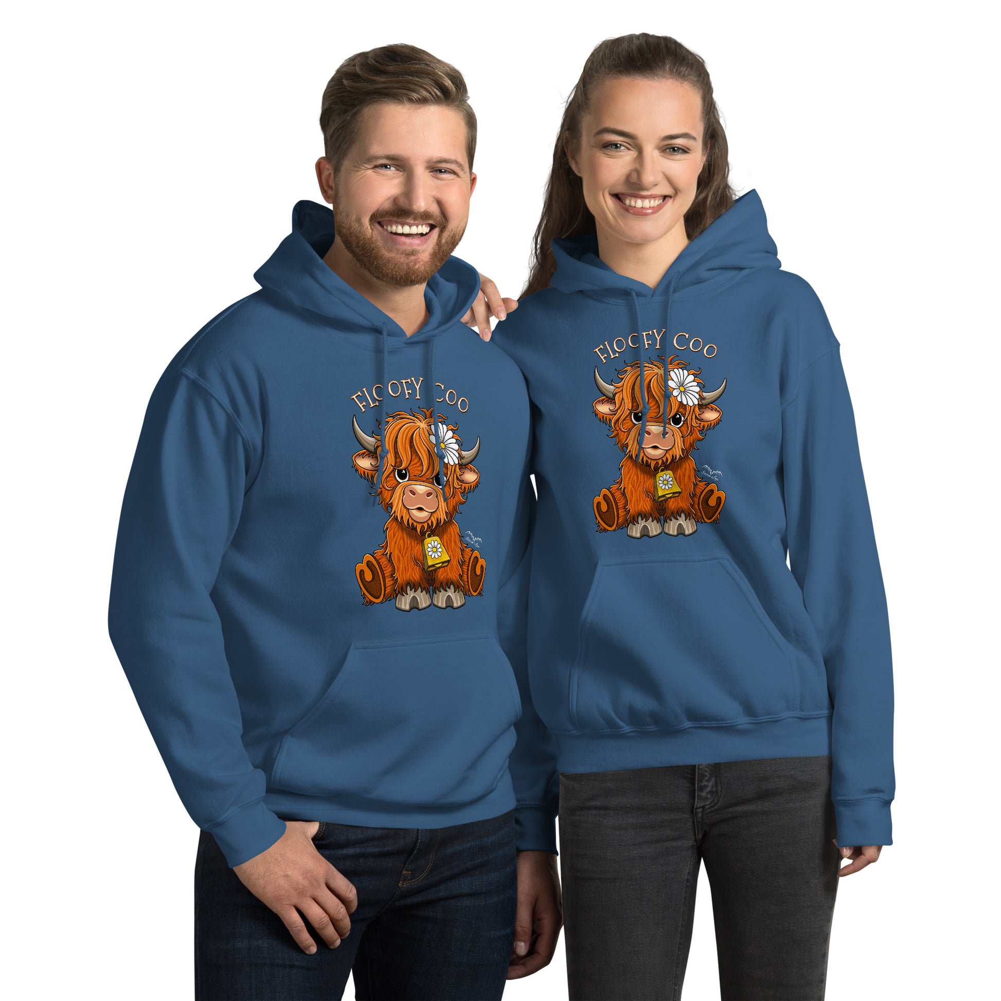 floofy coo highland cow hoodie by Stormseye Design, blue, modelled view