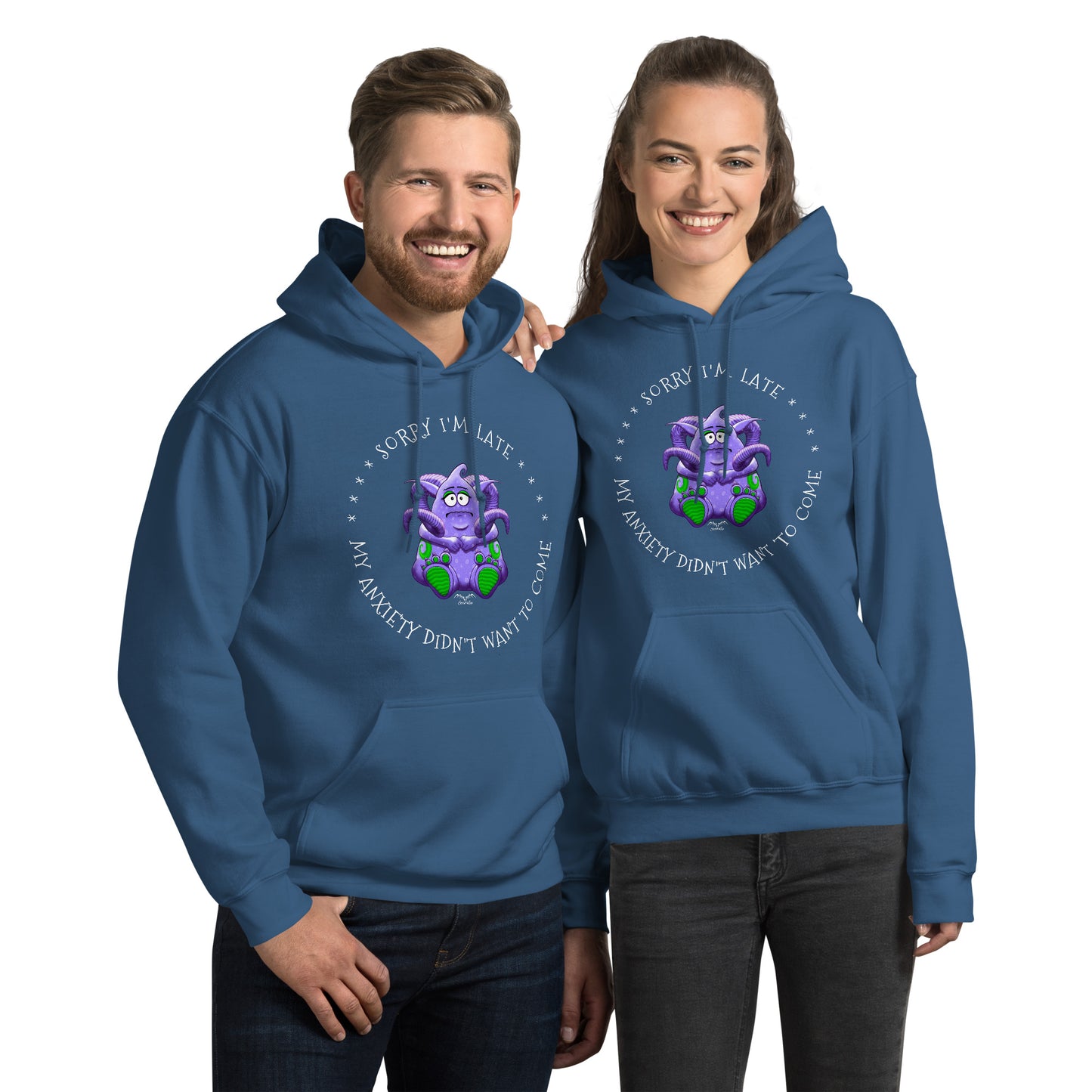 anxiety monster hoodie by stormseye design, blue, modelled view