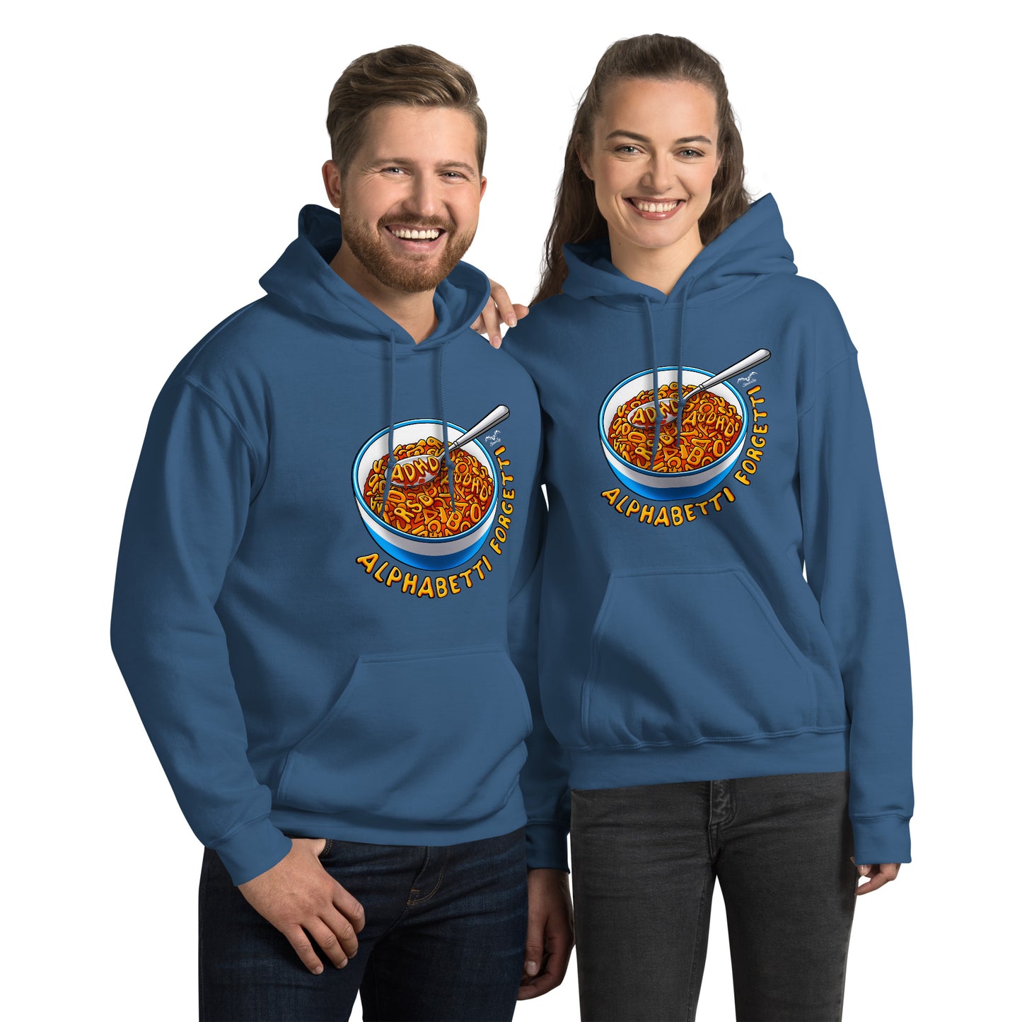 adhd spaghetti hoodie by stormseye design blue, modelled view