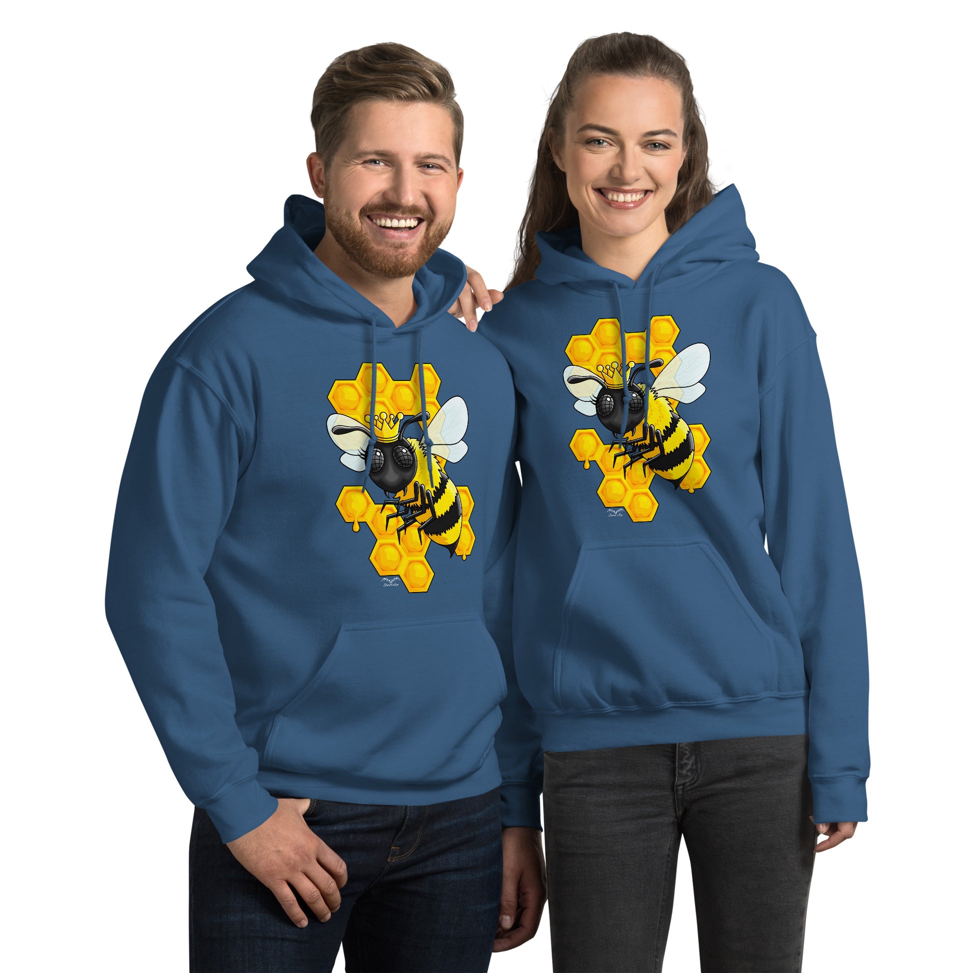 queen bee hoodie by stormseye design, blue, modelled view