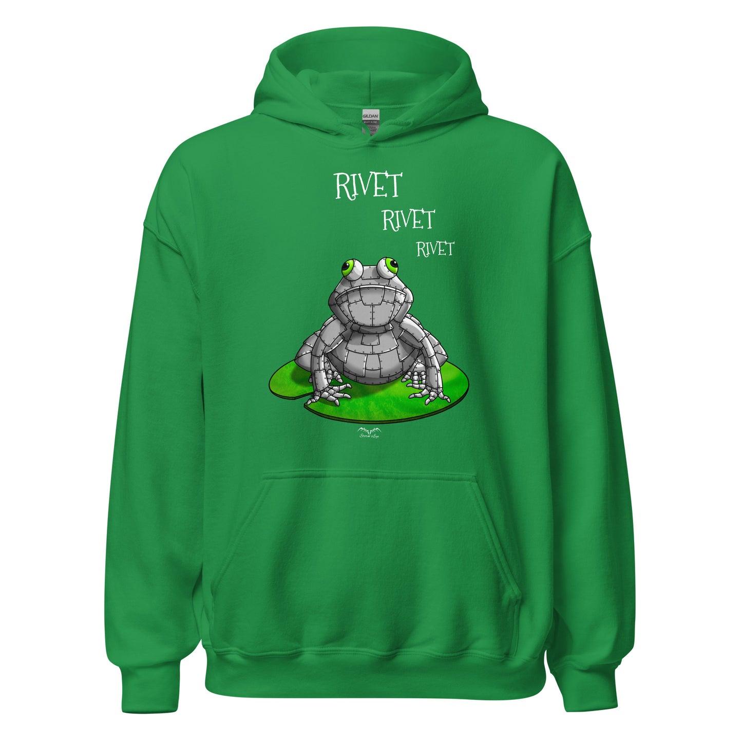 stormseye design funny metal frog hoodie flat view bright green