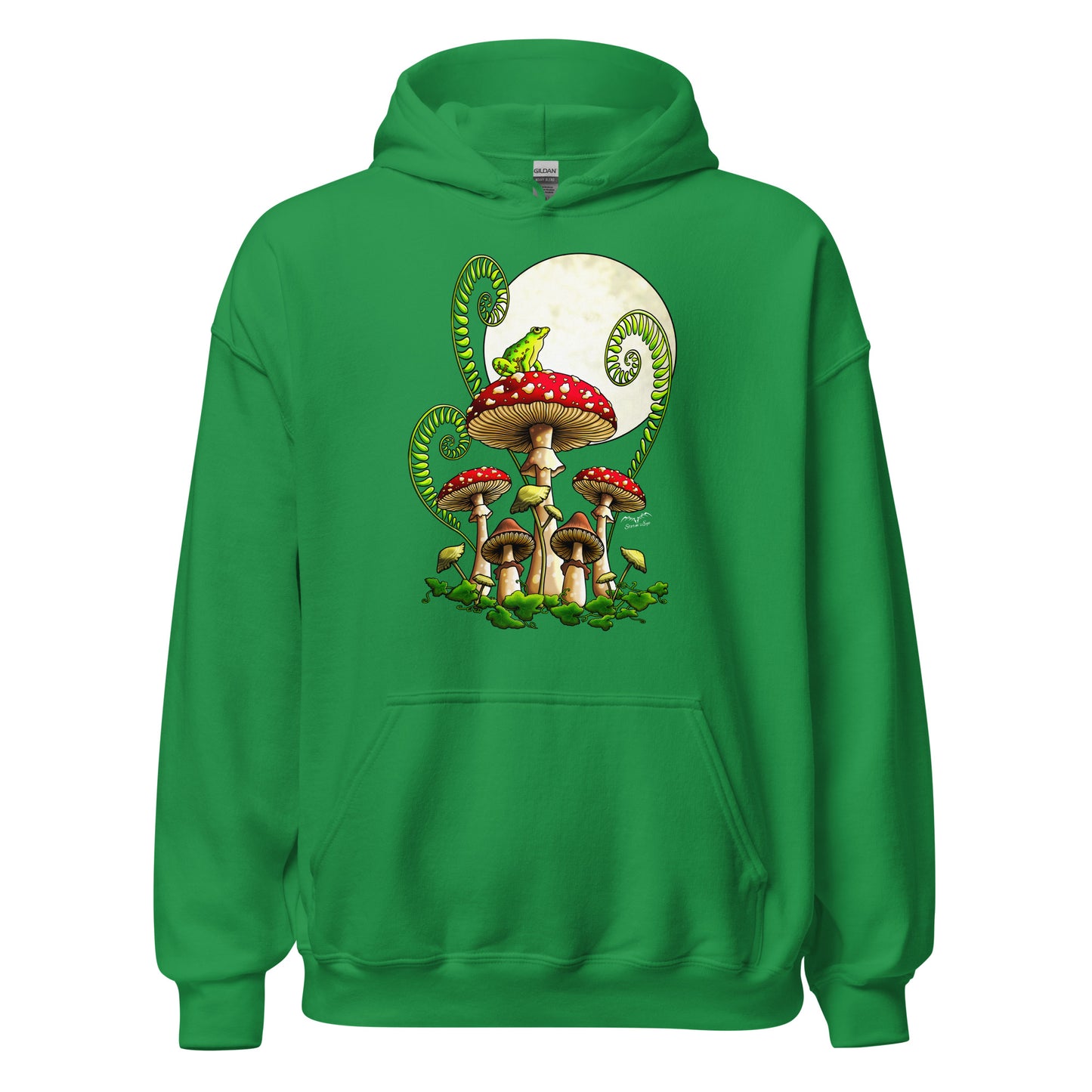 stormseye design moonlight mushrooms frog hoodie flat view bright green