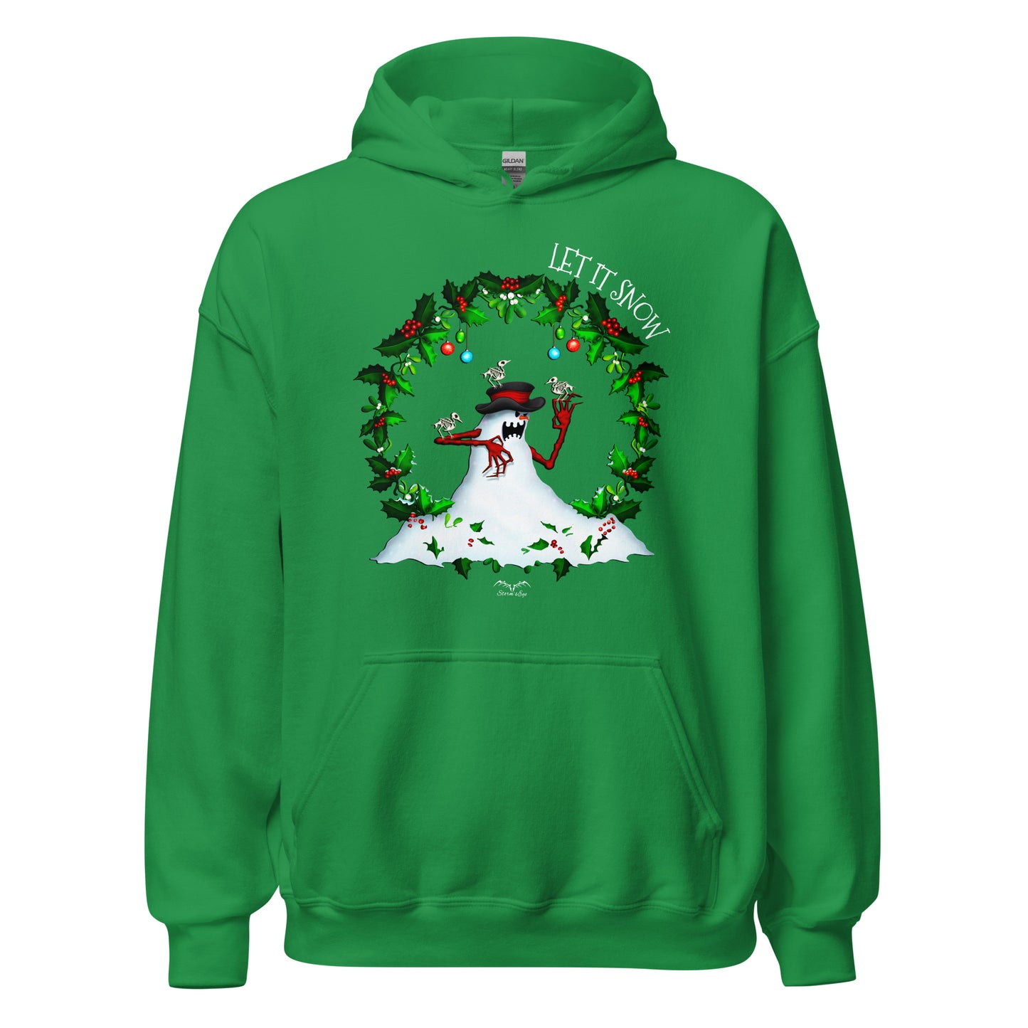 stormseye design evil snowman christmas hoodie flat view green