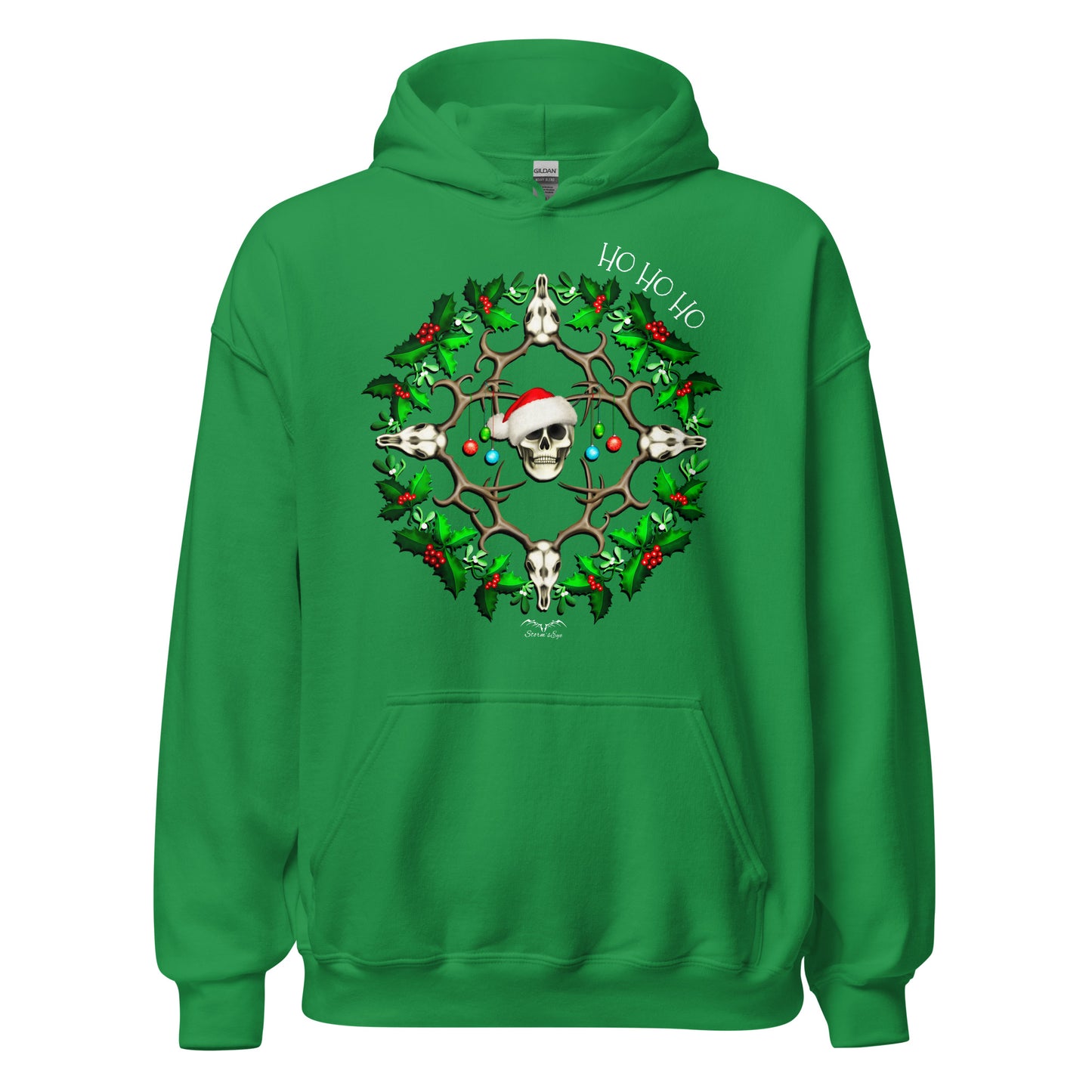 stormseye design festive skulls christmas hoodie flat view green