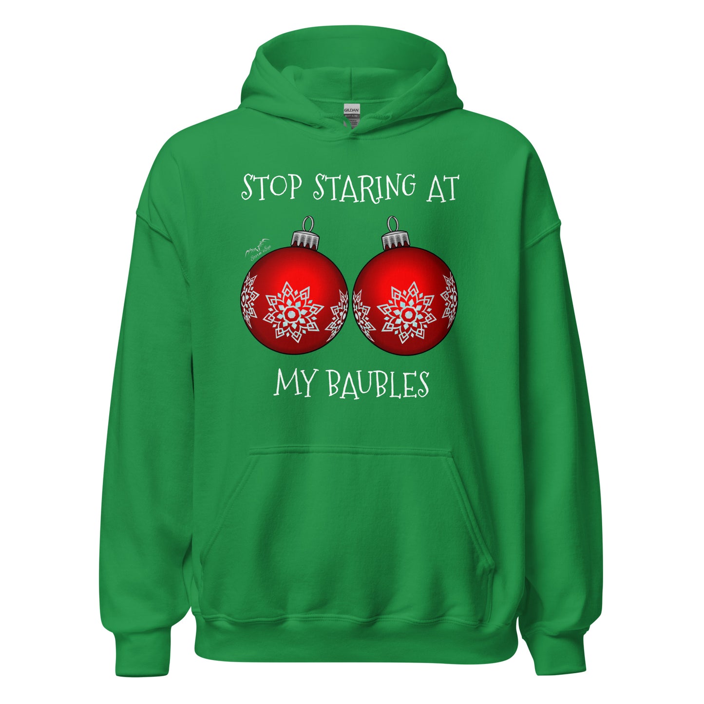 stormseye design stop staring funny christmas hoodie flat view green