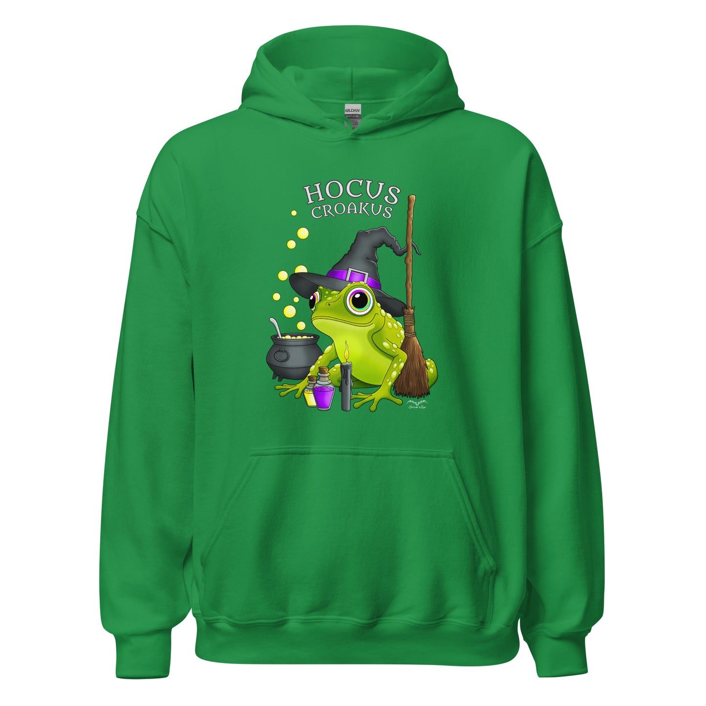 stormseye design witch frog hocus croakus hoodie flat view green