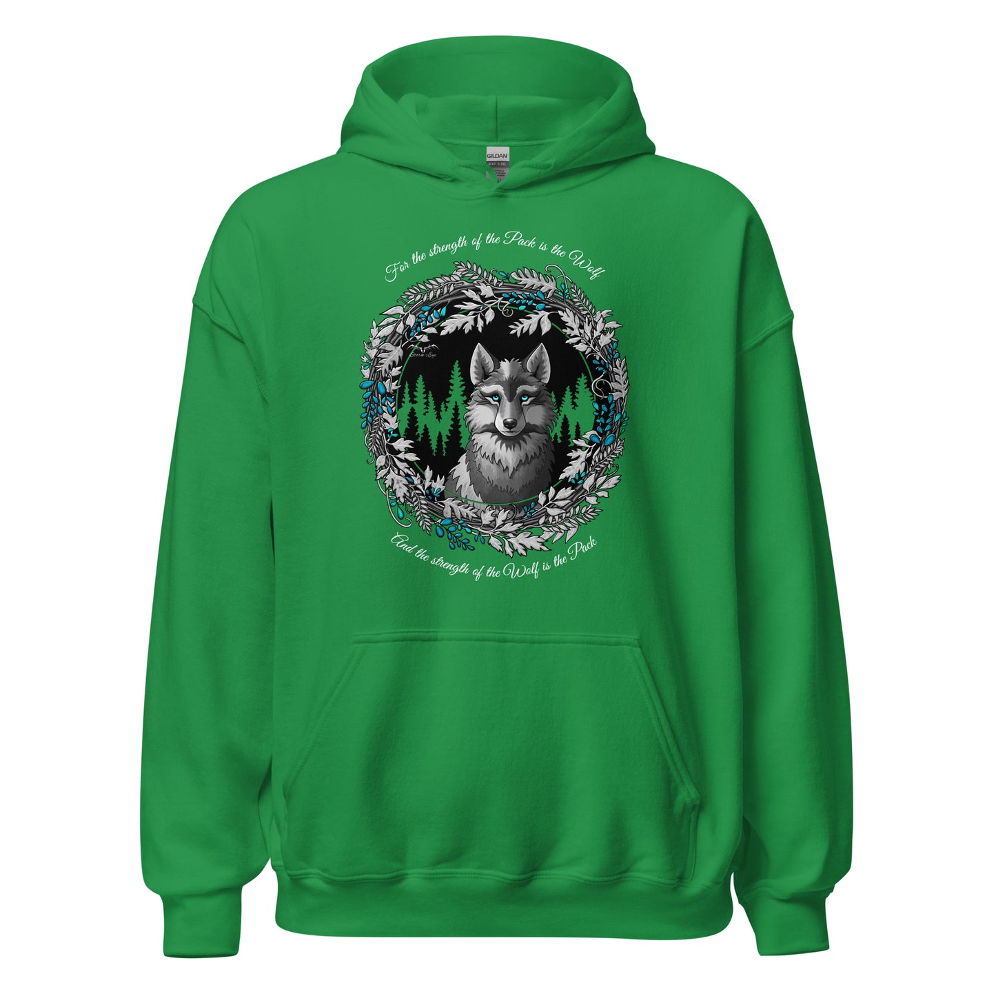 stormseye design silver winter wolf hoodie flat view green