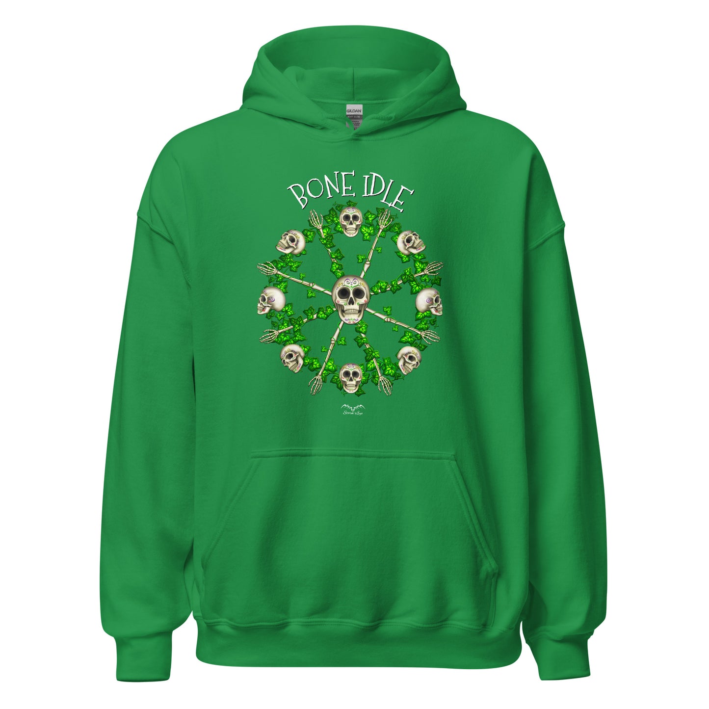 stormseye design bone idle skulls hoodie flat view irish green