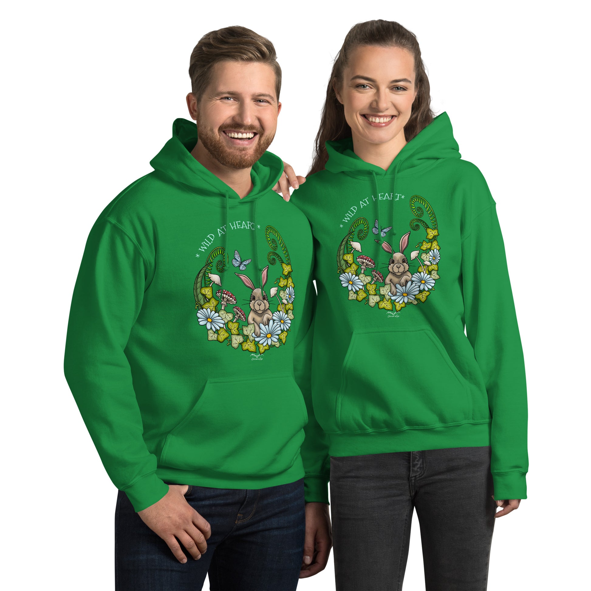 wild at heart rabbit hoodie by stormseye design, irish green, modelled view