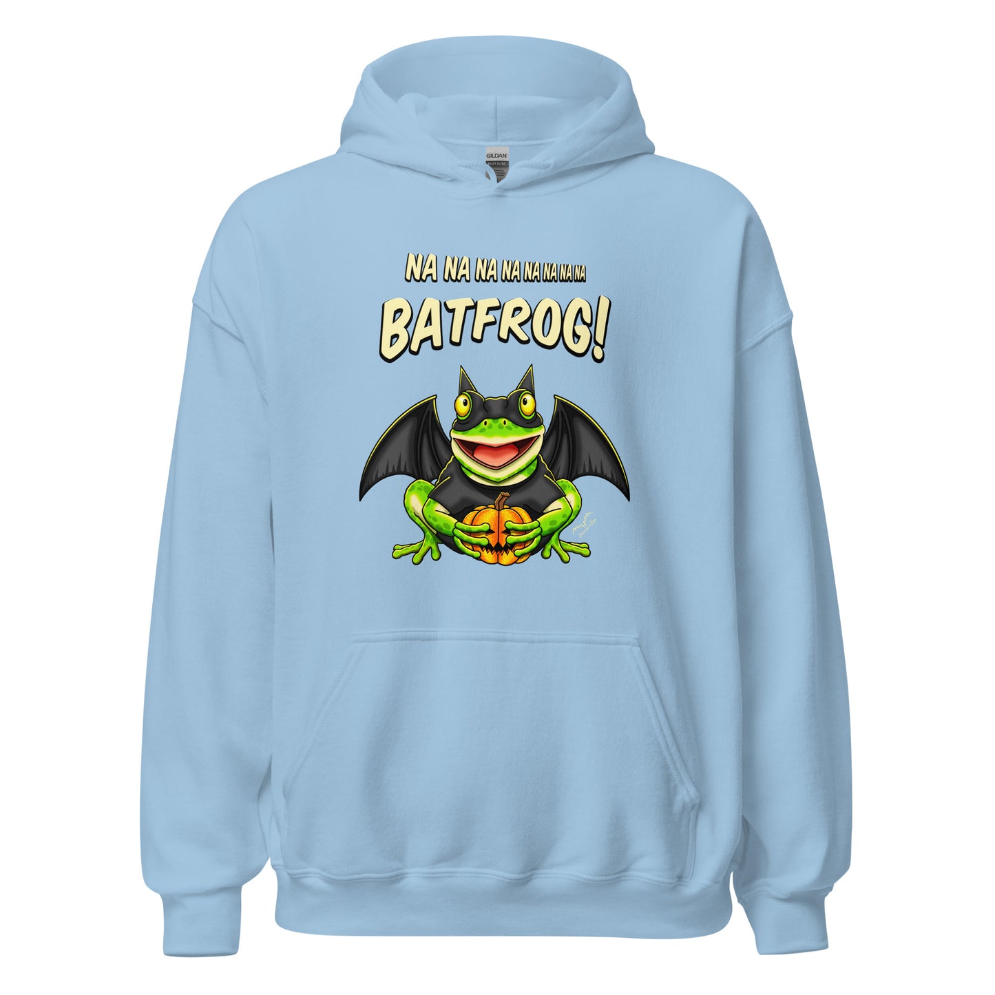 stormseye design batfrog halloween hoodie flat view light blue