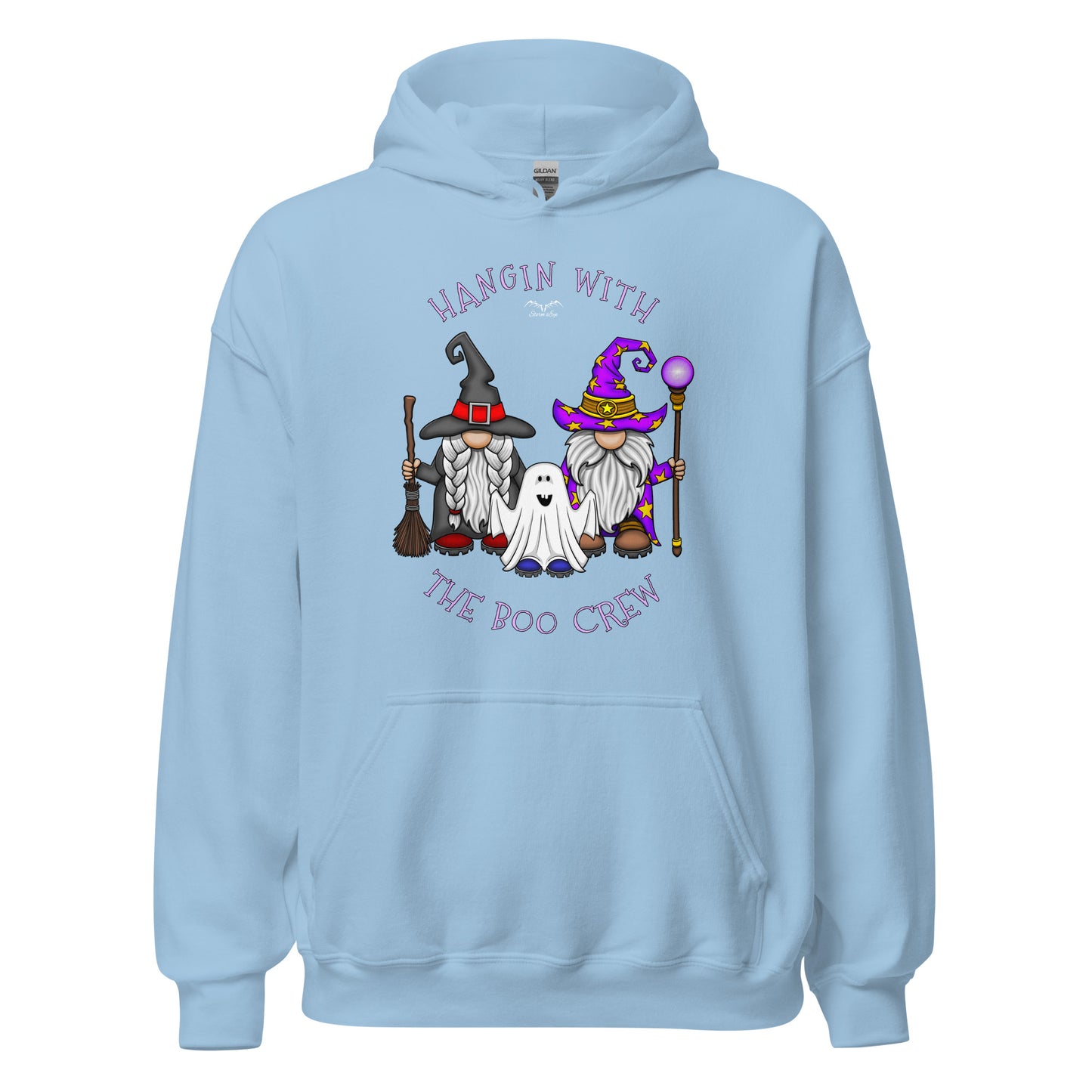 stormseye design boo crew halloween hoodie flat view light blue