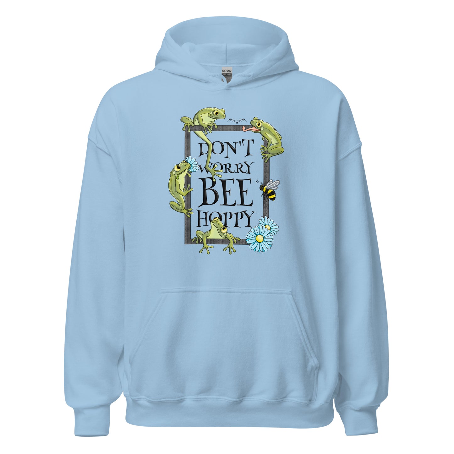 stormseye design bee happy frog hoodie flat view light blue