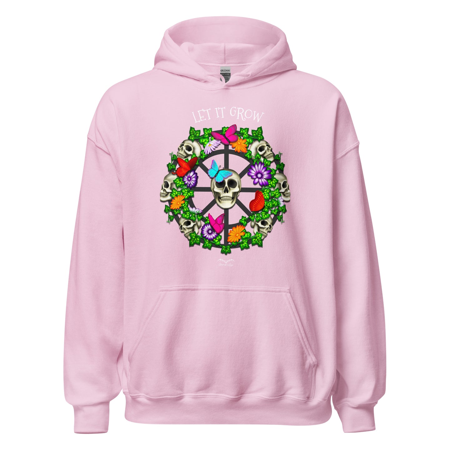 stormseye design skulls and flowers gothic hoodie flat view baby pink