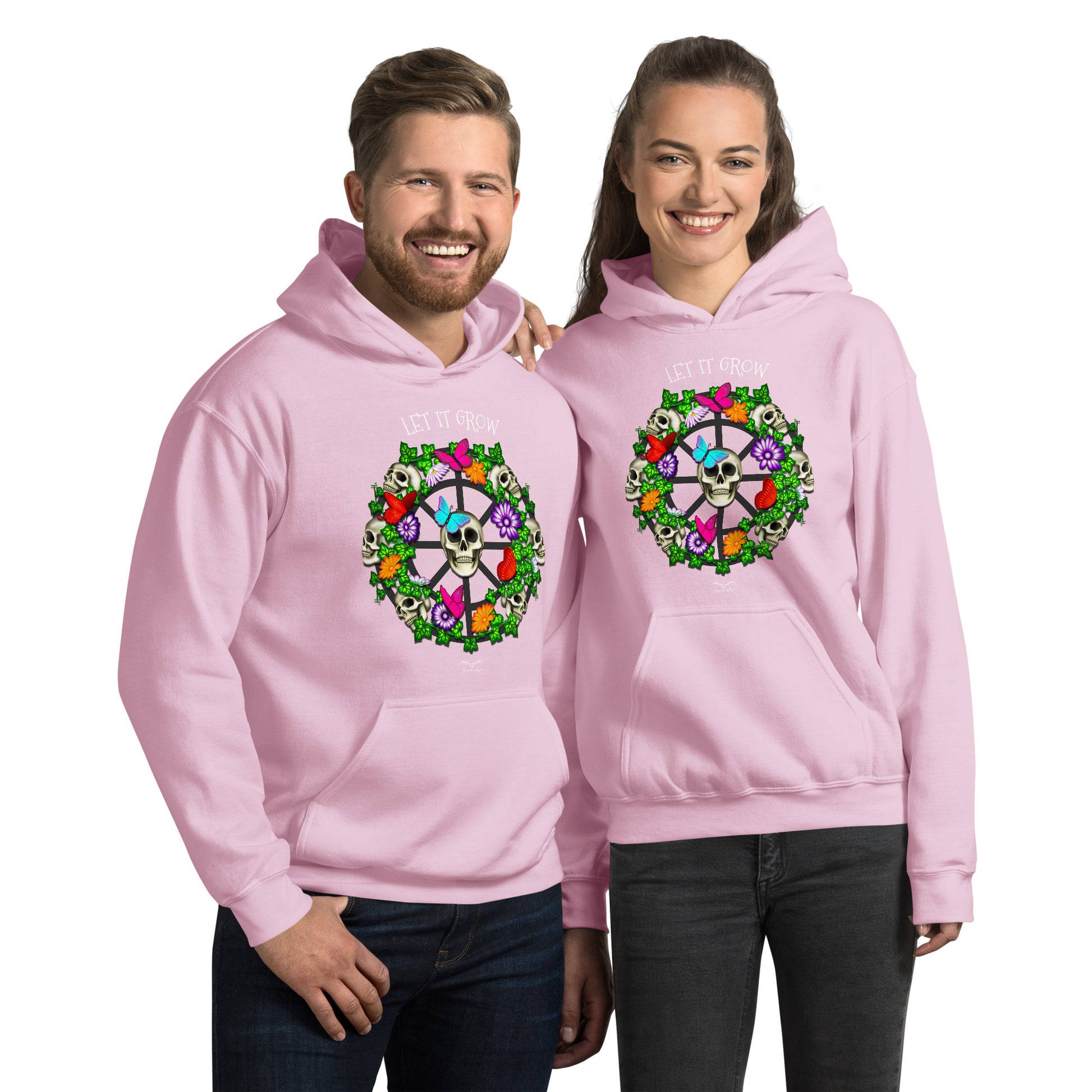 stormseye design skulls and flowers gothic hoodie modelled view pink