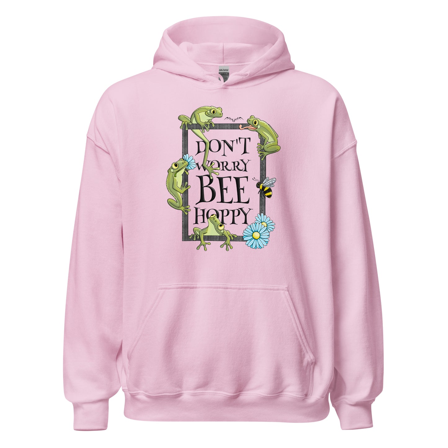 stormseye design bee happy frog hoodie flat view pink