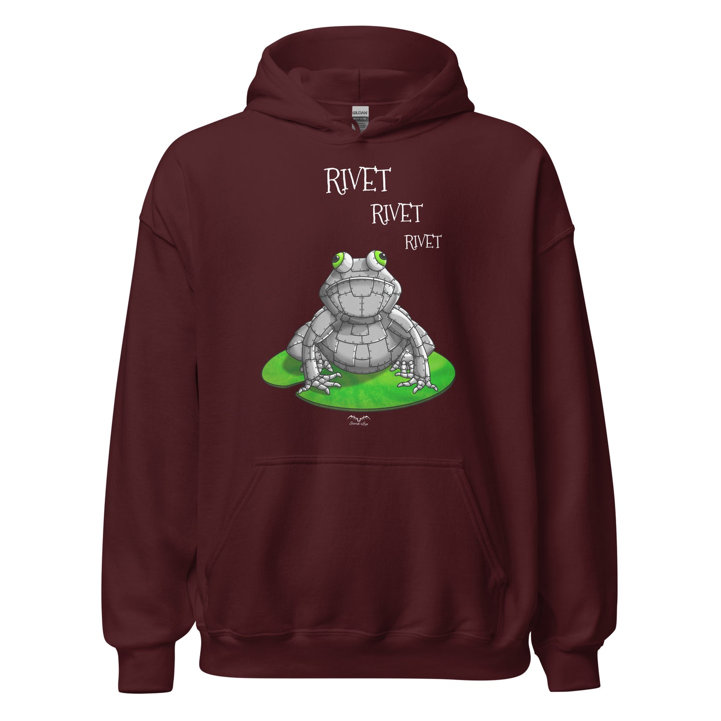 stormseye design funny metal frog hoodie flat view maroon