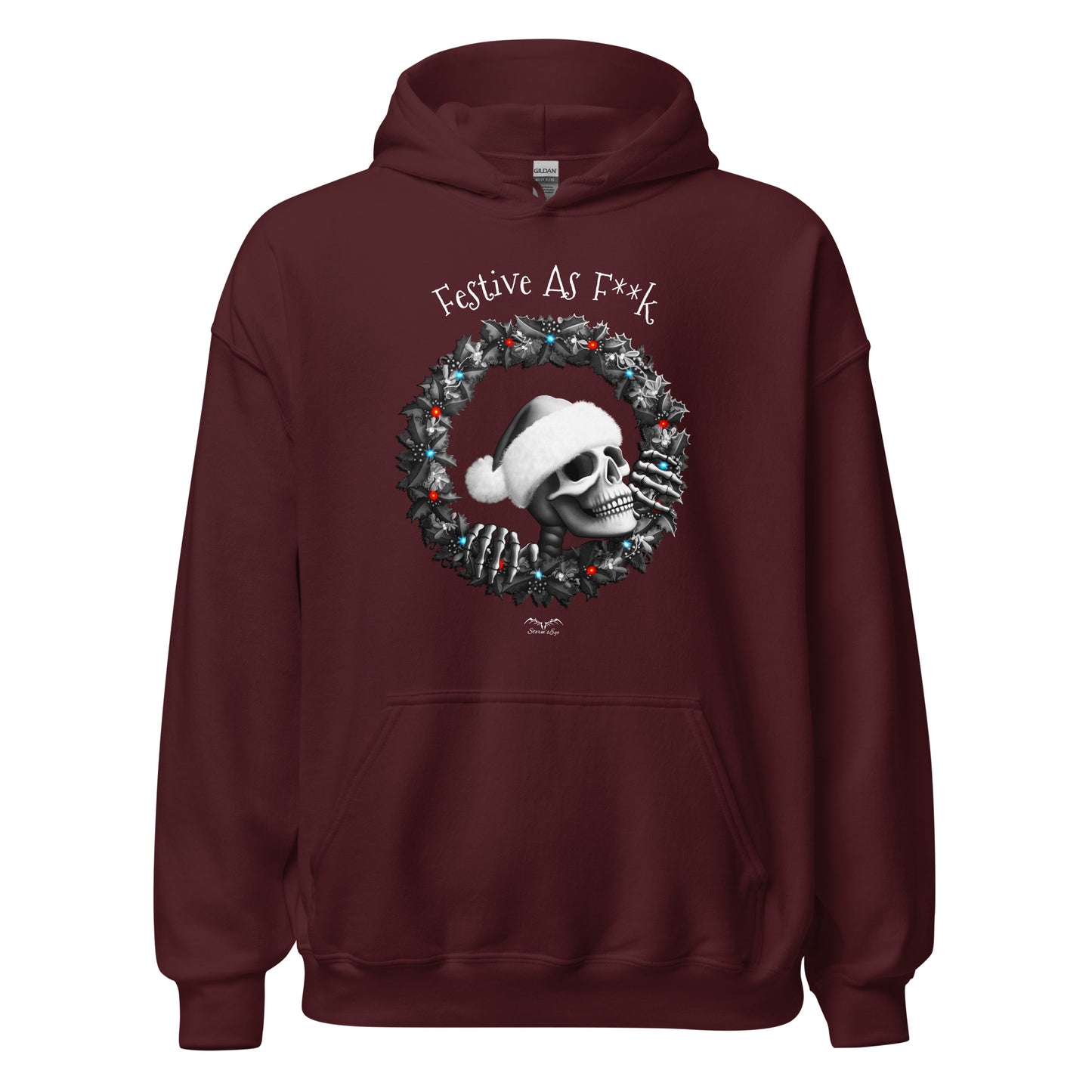 stormseye design festive AF christmas hoodie flat view maroon red