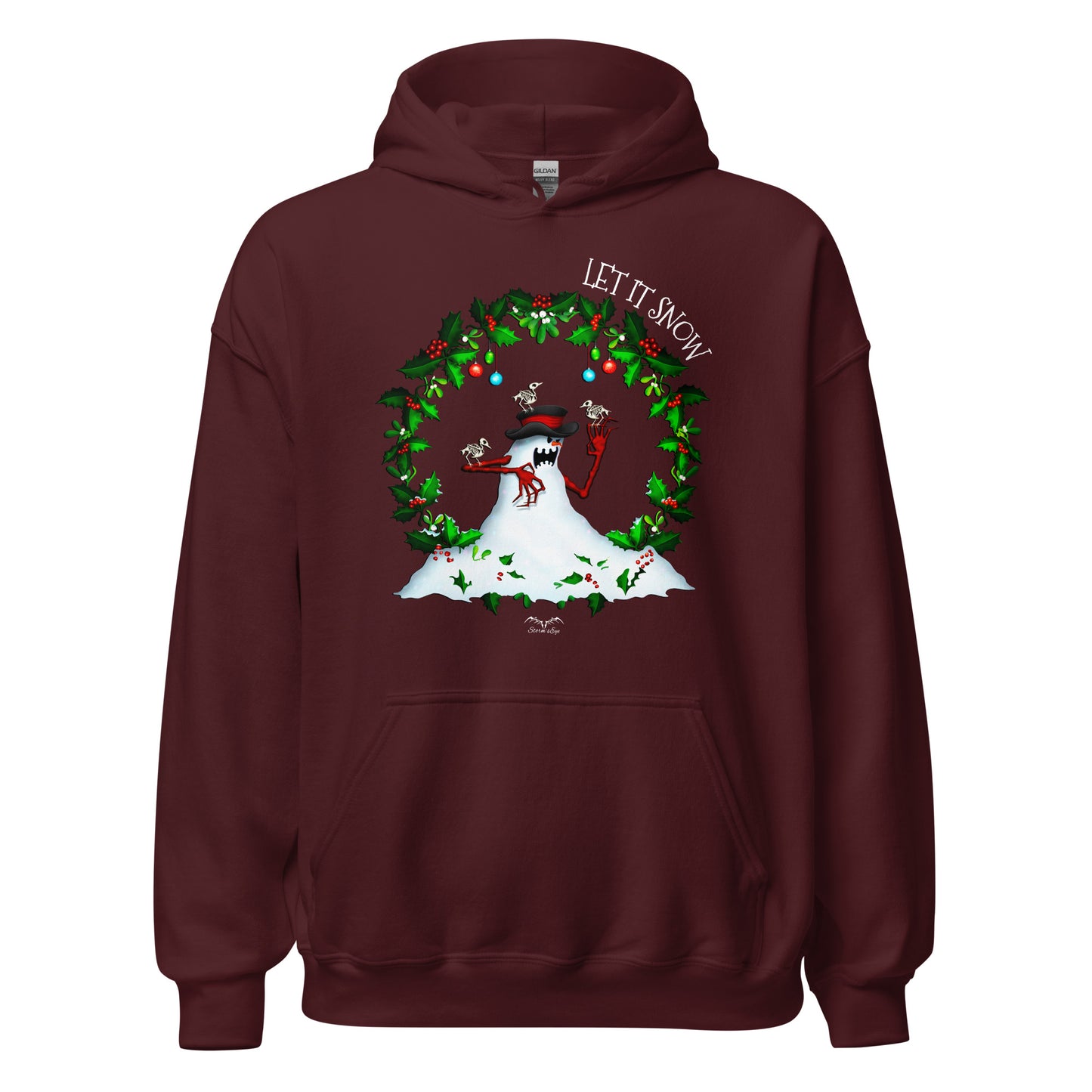 stormseye design evil snowman christmas hoodie flat view maroon red