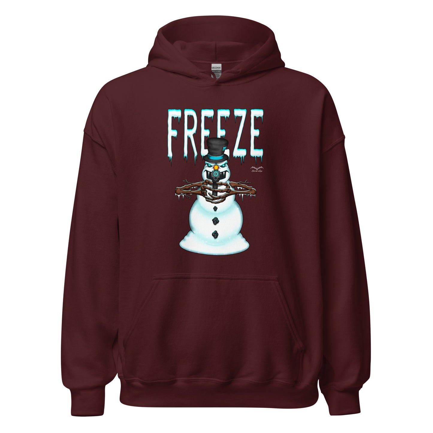 stormseye design mr freeze christmas hoodie flat view maroon red
