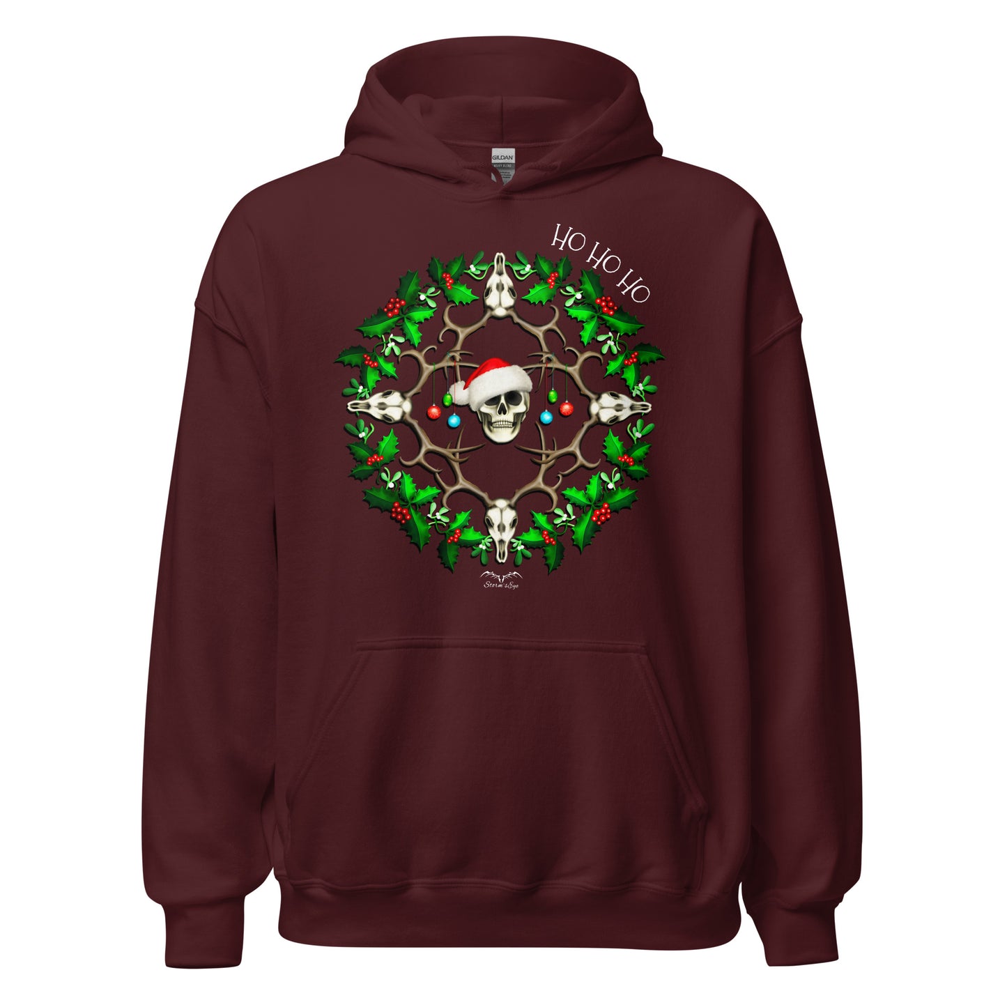 stormseye design festive skulls christmas hoodie flat view maroon red