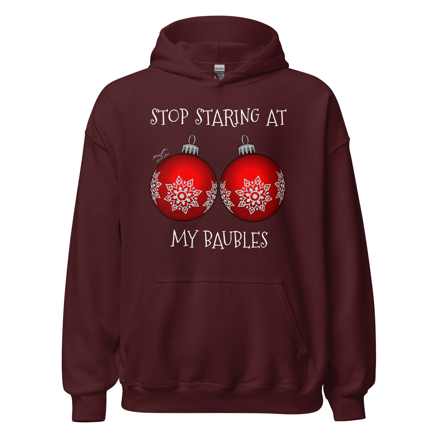 stormseye design stop staring funny christmas hoodie flat view maroon red