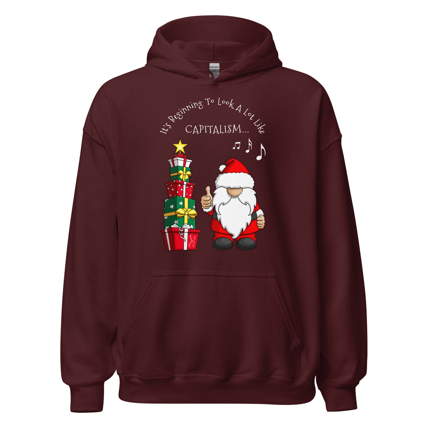 stormseye design festive capitalism christmas hoodie flat view maroon red