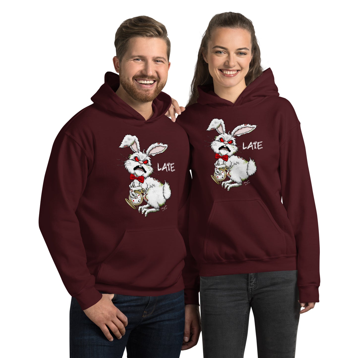 stormseye design zombie white rabbit hoodie modelled view maroon red