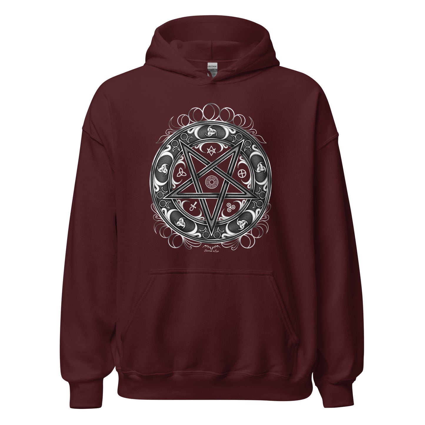 stormseye design witchy occult wheel hoodie flat view maroon