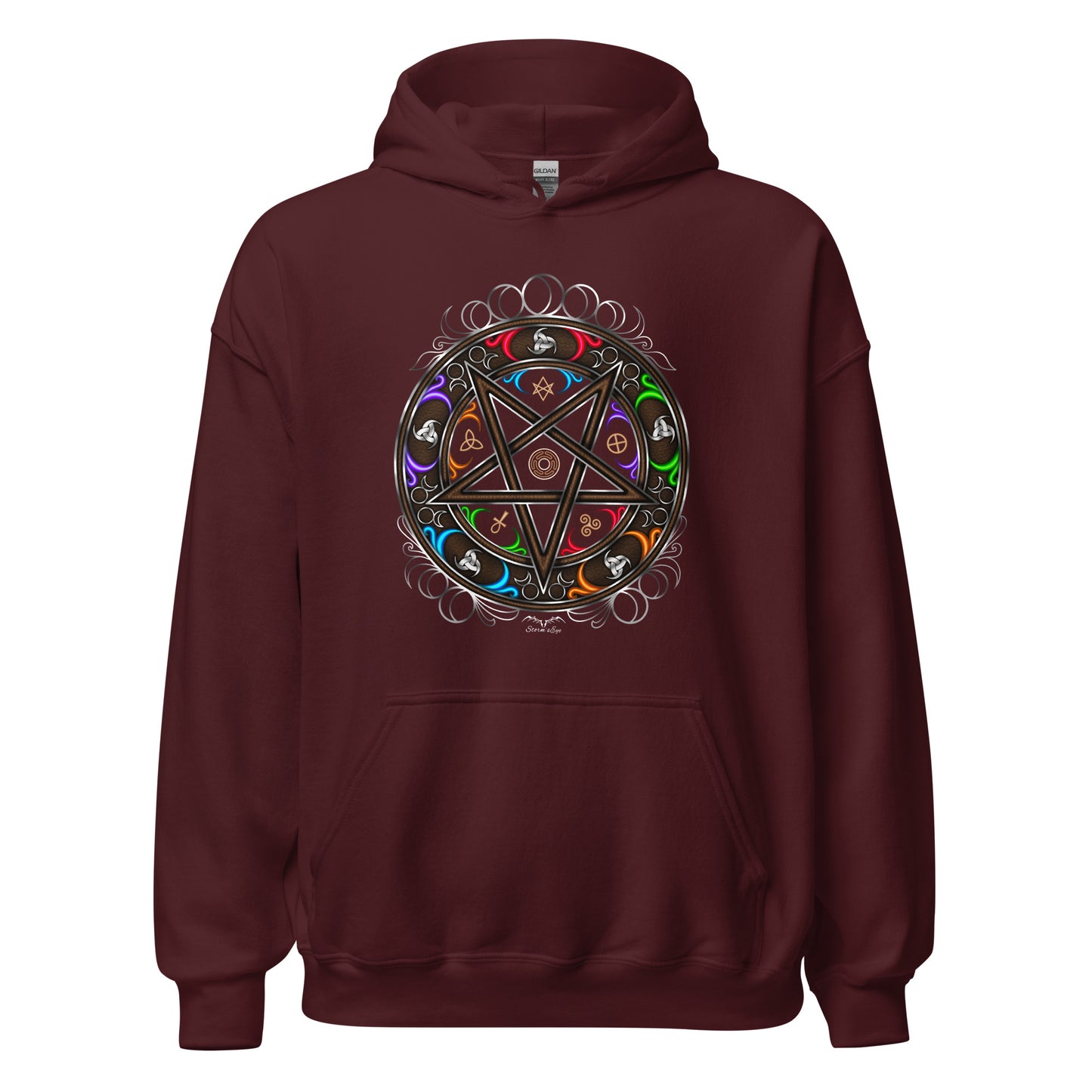 stormseye design witchy occult wheel colour hoodie flat view maroon