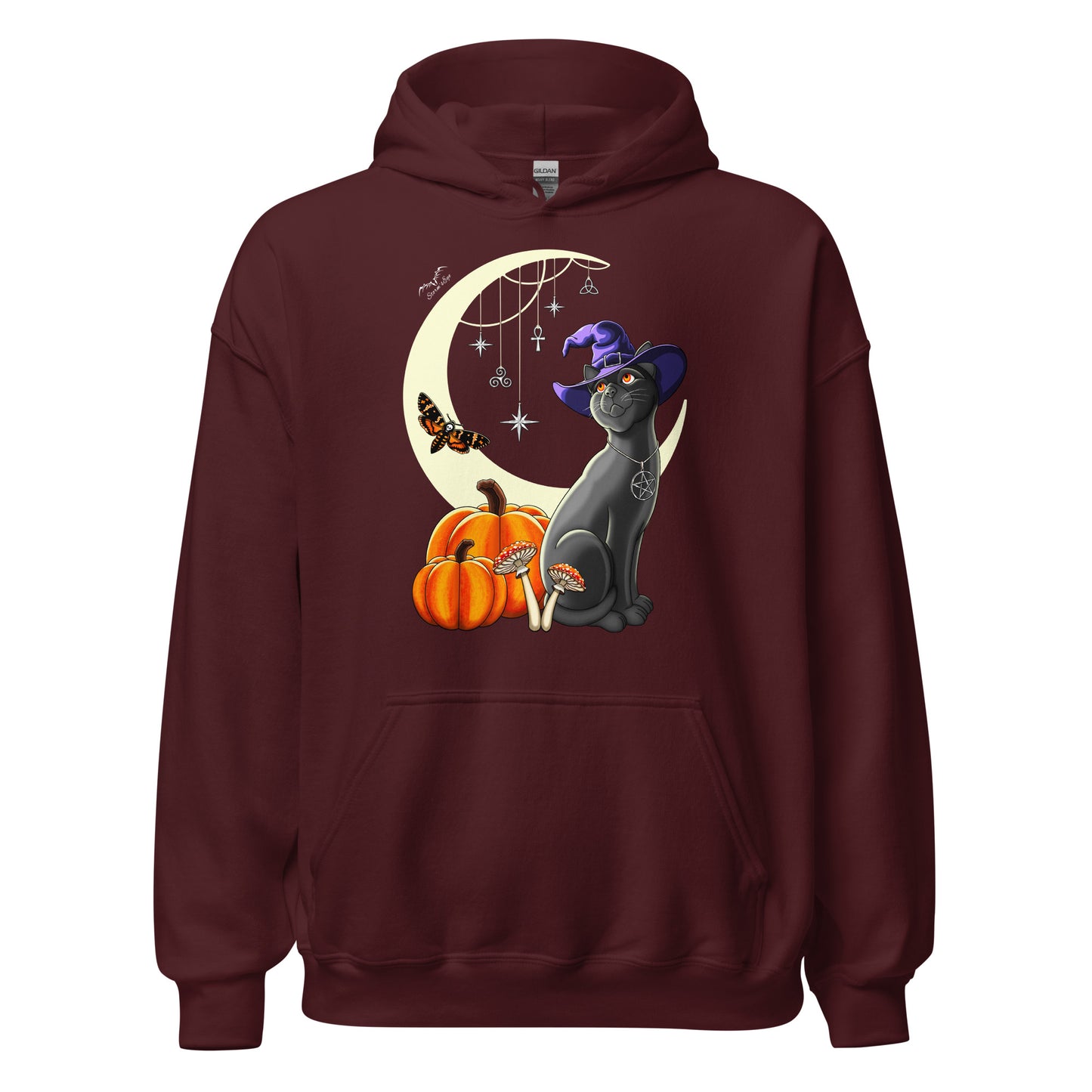 stormseye design witch’s cat halloween hoodie flat view maroon red