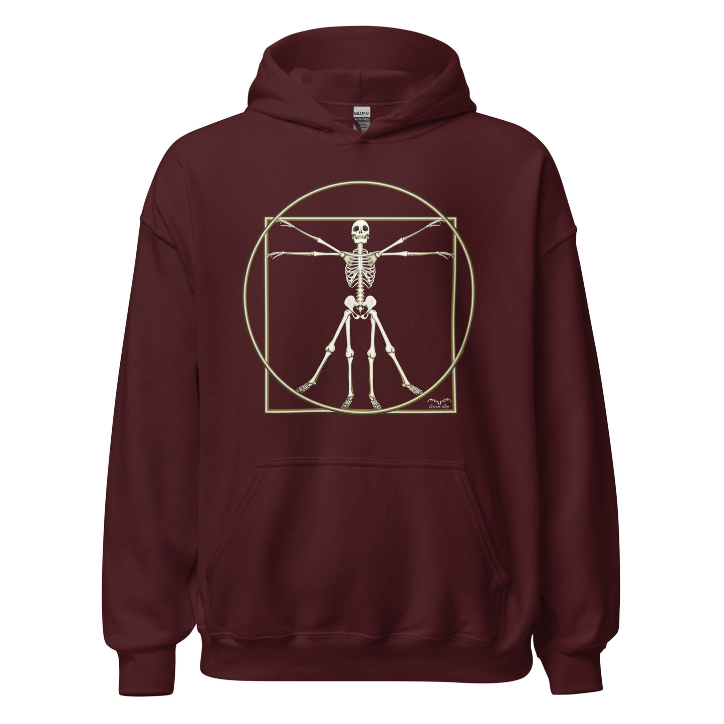 stormseye design vitruvian skeleton fine art hoodie flat view maroon red