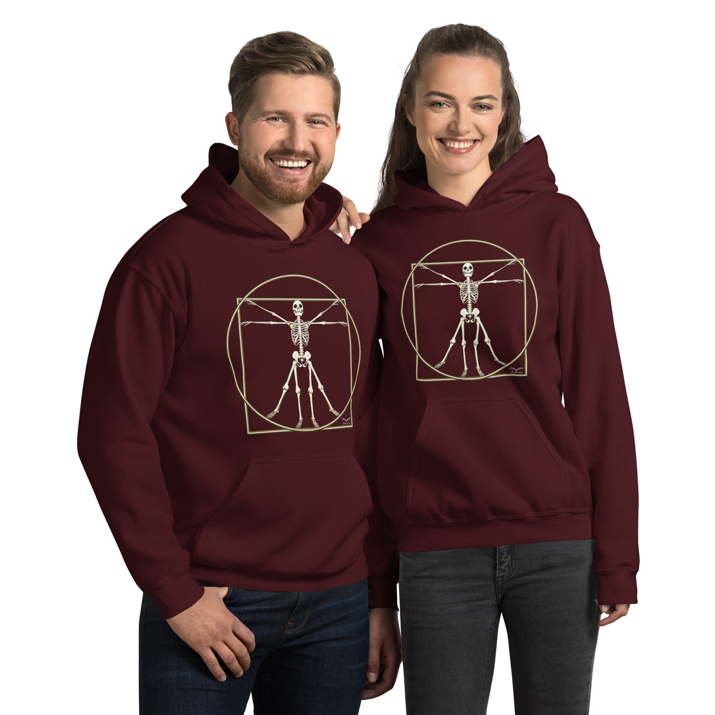 stormseye design vitruvian skeleton fine art hoodie modelled view maroon red