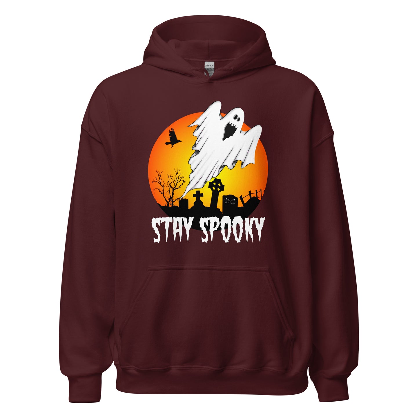 stormseye design stay spooky halloween hoodie flat view maroon red