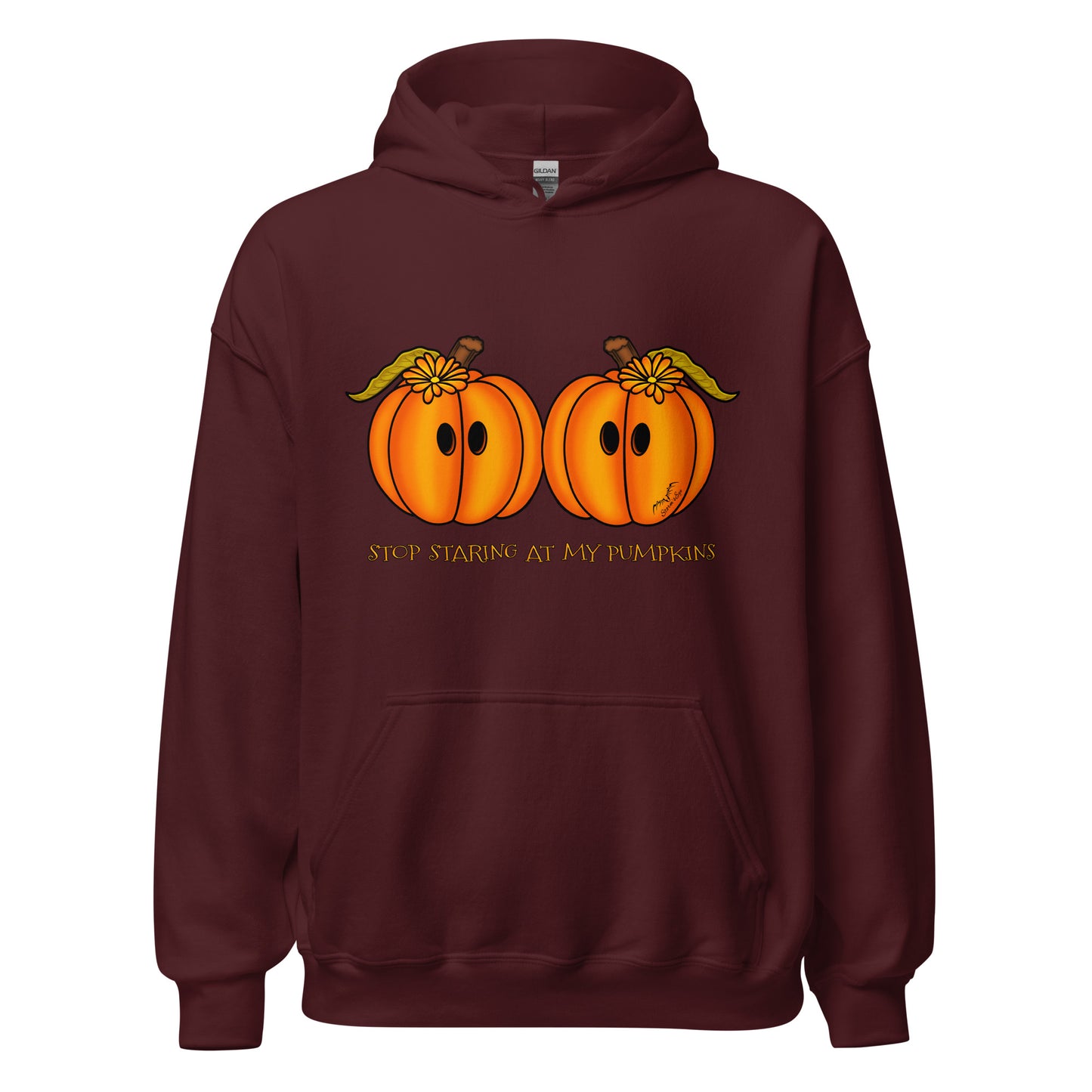 stormseye design staring pumpkins halloween hoodie flat view maroon red
