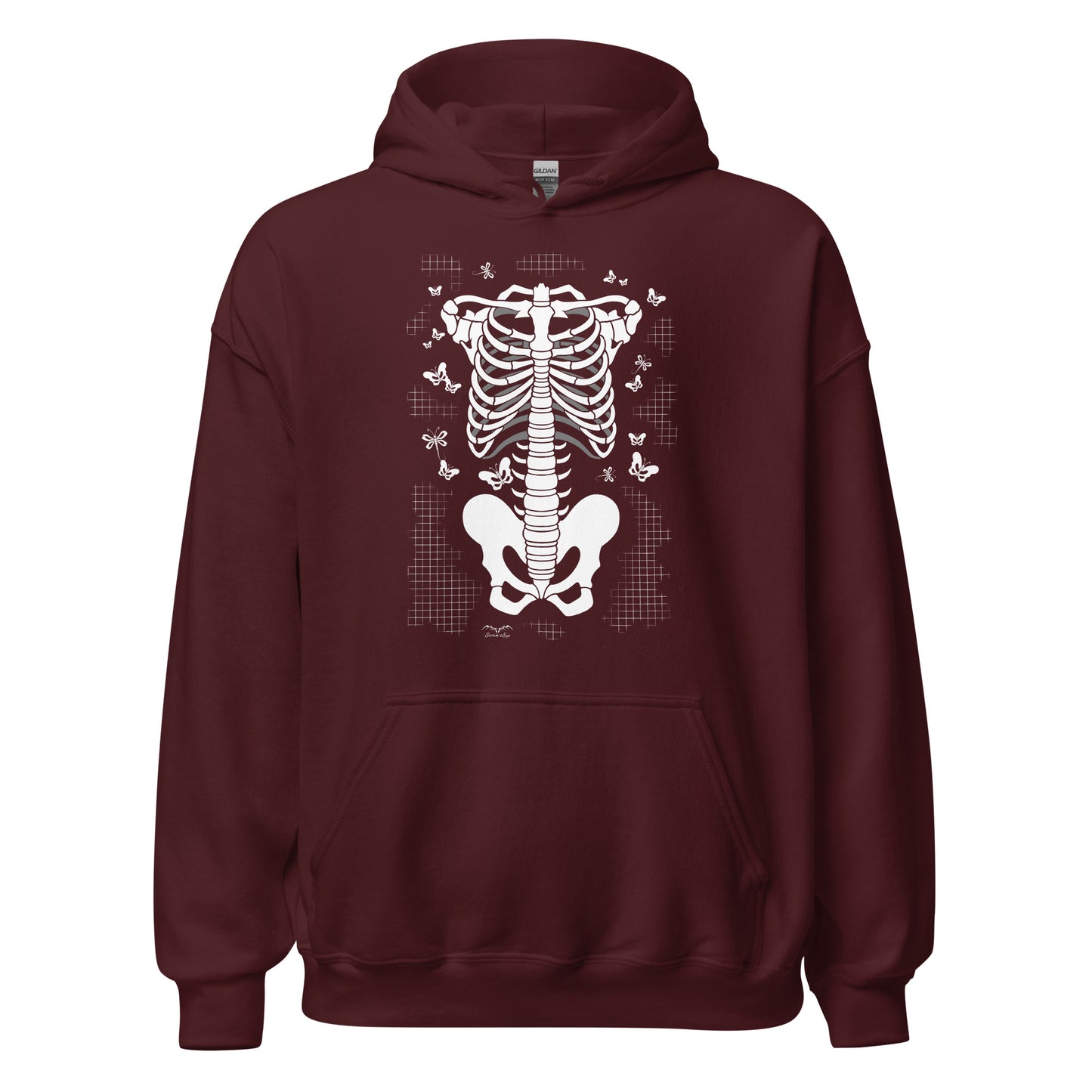 stormseye design skeleton torso halloween hoodie flat view maroon red