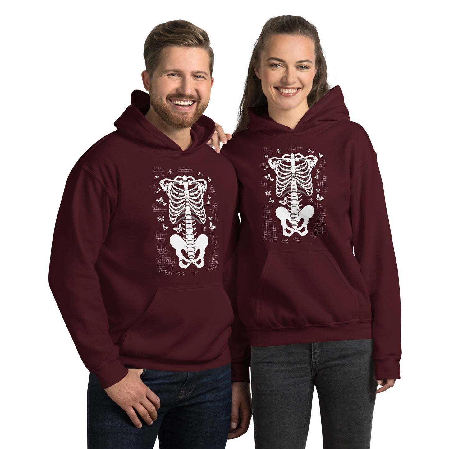 stormseye design skeleton torso halloween hoodie modelled view maroon red