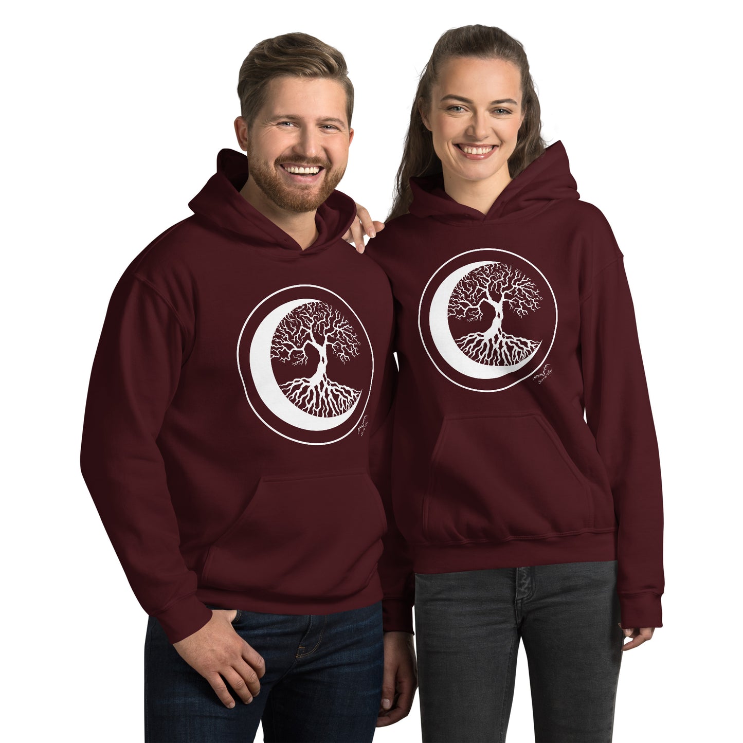 stormseye design witching hour 2 tree of life hoodie modelled view maroon red