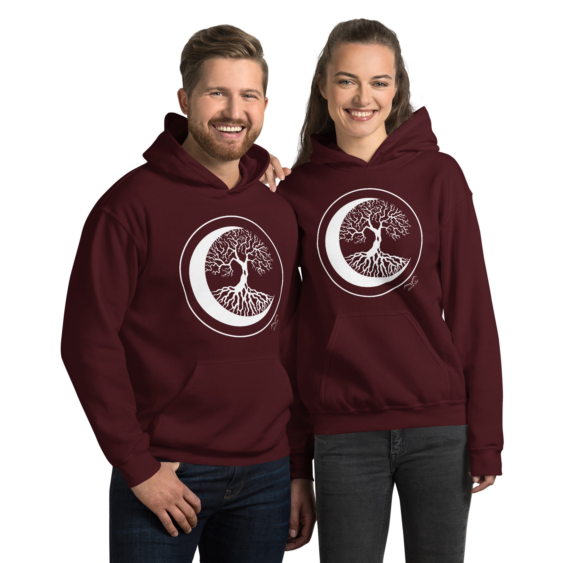 stormseye design witching hour 2 tree of life hoodie modelled view maroon red
