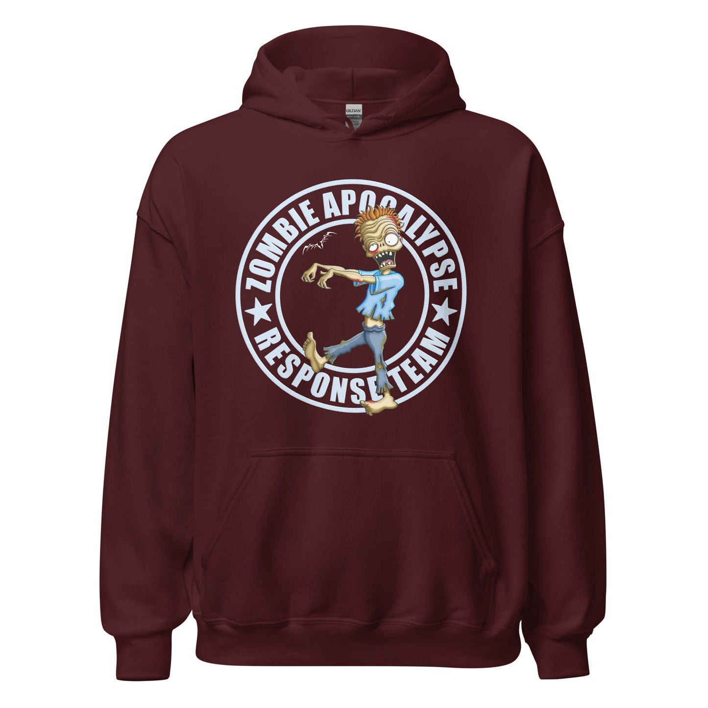 stormseye design zombie apocalypse colour hoodie, flat view maroon red