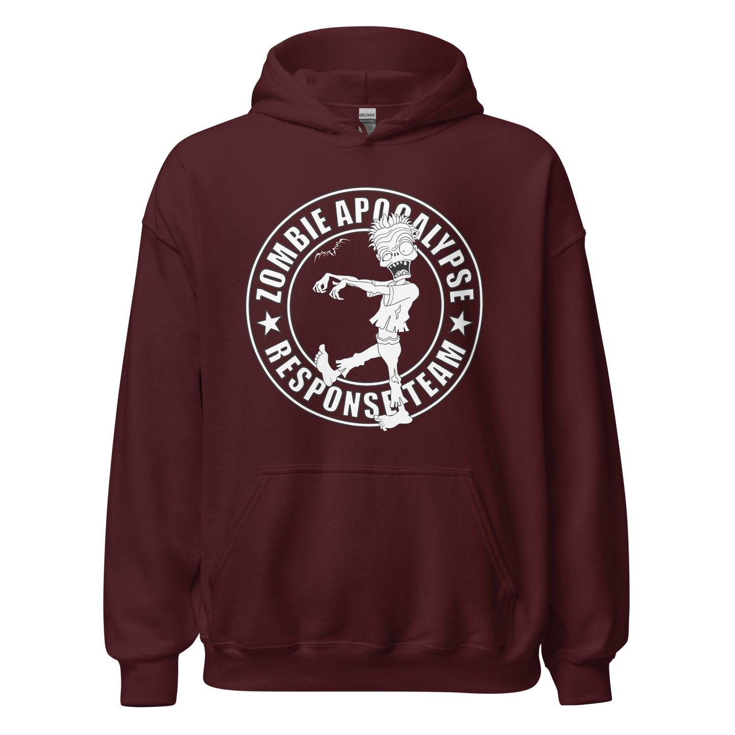 stormseye design zombie apocalypse colour hoodie, flat view maroon