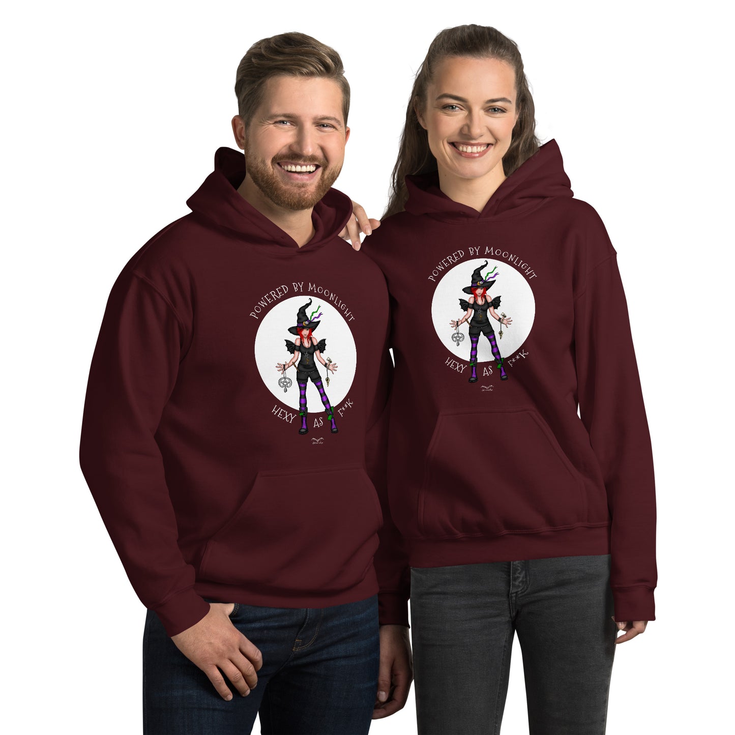 stormseye design hexy witch hoodie modelled view maroon