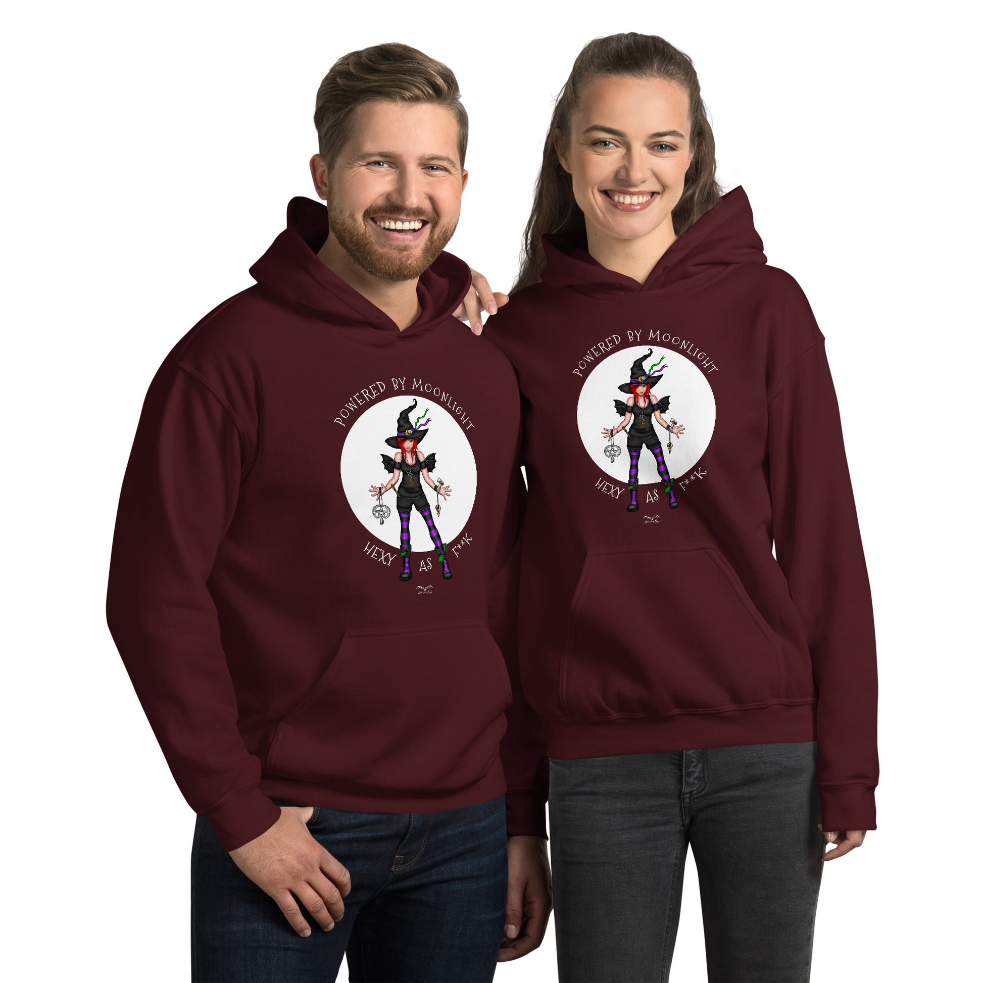 stormseye design hexy witch hoodie modelled view maroon