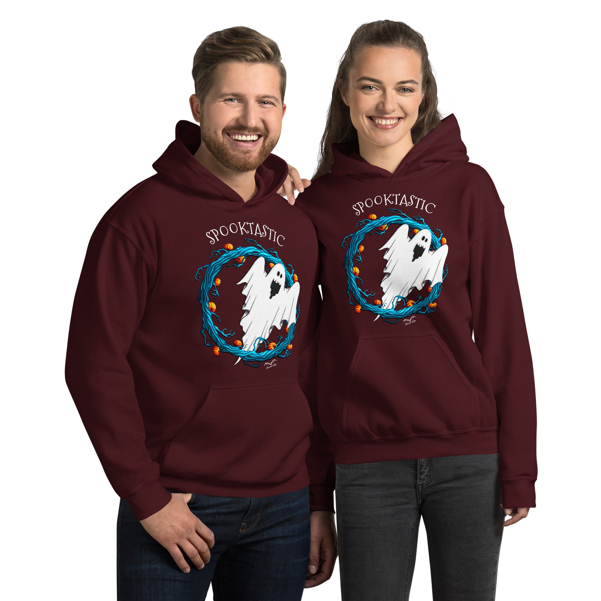 stormseye design halloween ghost spooktastic hoodie modelled view maroon